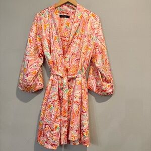 Lauren Ralph Lauren Colorful Paisley Floral Satin Robe and Slip Dress Set M